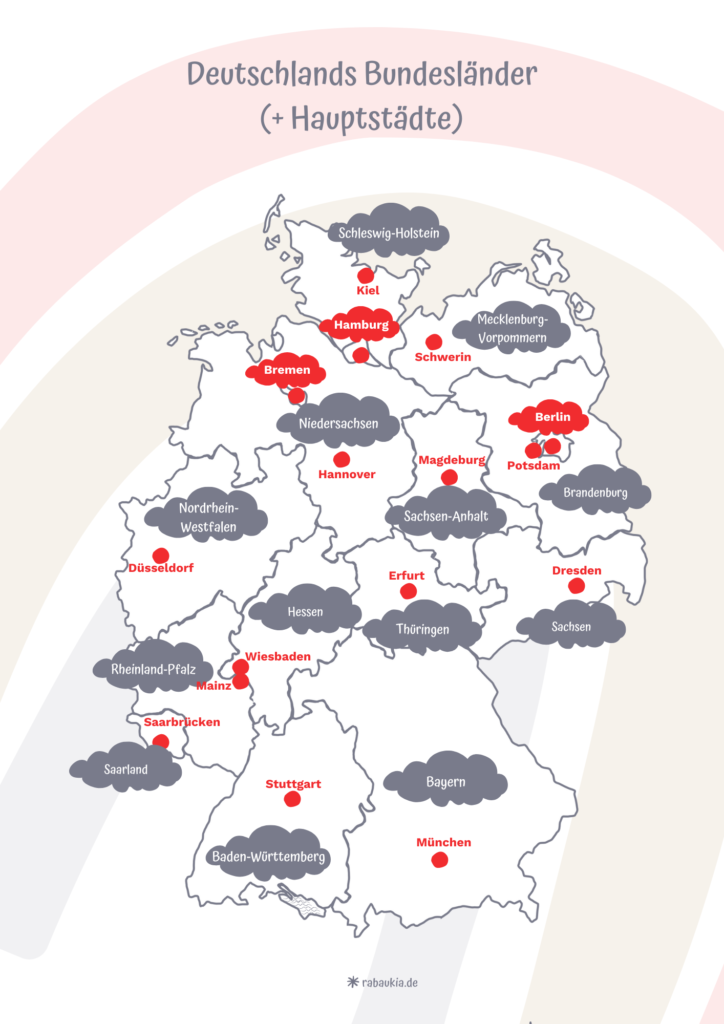 Karte der deutschen Bundesländer und Hauptstädte - Variante mit Regenbogen-Hintergrund