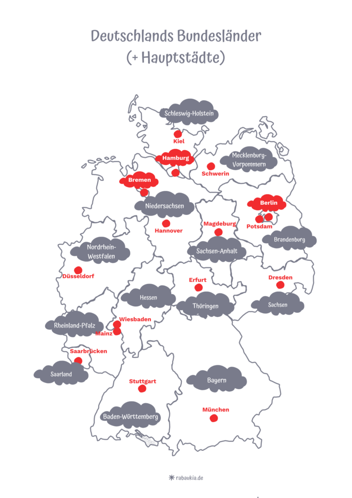 Karte der deutschen Bundesländer und Hauptstädte - Variante mit weißem Hintergrund
